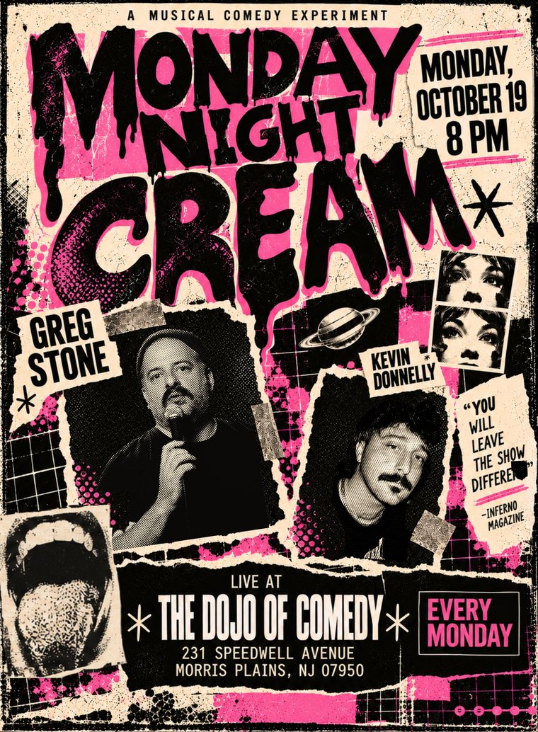 The Monday Night Cream poster: Monday, October 19, 8 PM, The Dojo of Comedy, 231 Speedwell Avenue, Morris Plains, NJ