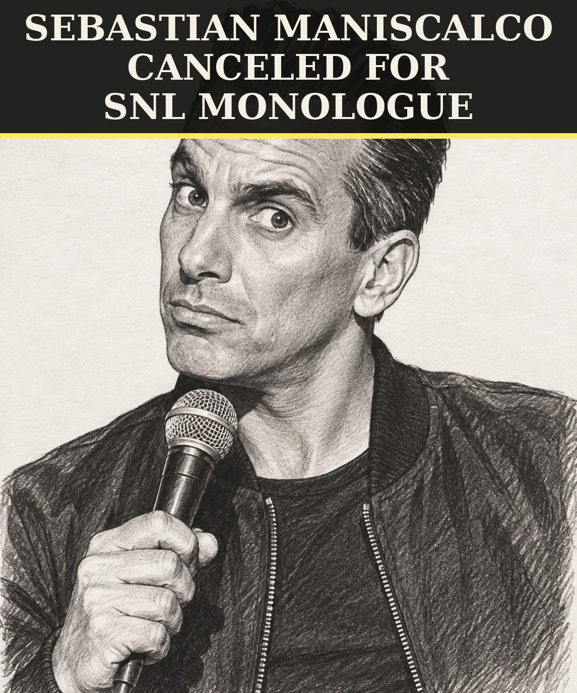 Hand-drawn pencil portrait of a comedian holding a microphone, under the headline Sebastian Maniscalco Canceled for SNL Monologue